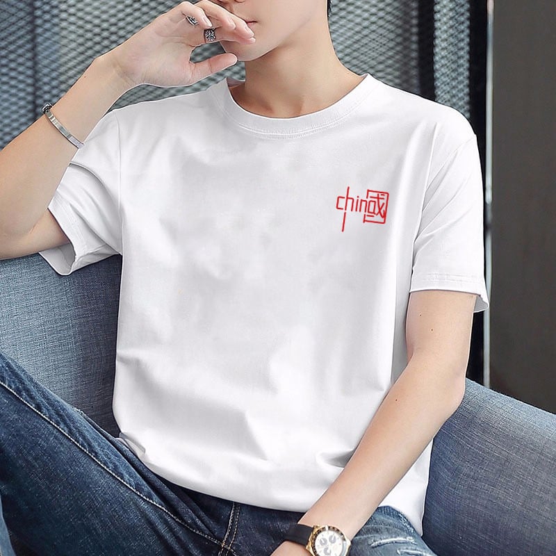 Tricou bărbați cu mâneci scurte, stil coreean, țesătură Milk Silk, guler rotund, imprimeu geometric cu litere