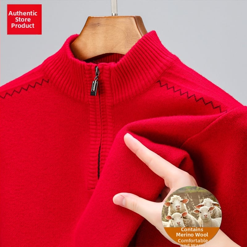 Szabadon szabott gyapjú pulóver féloldalas cipzárral, vastag jacquard kötés, középkorú férfiak számára