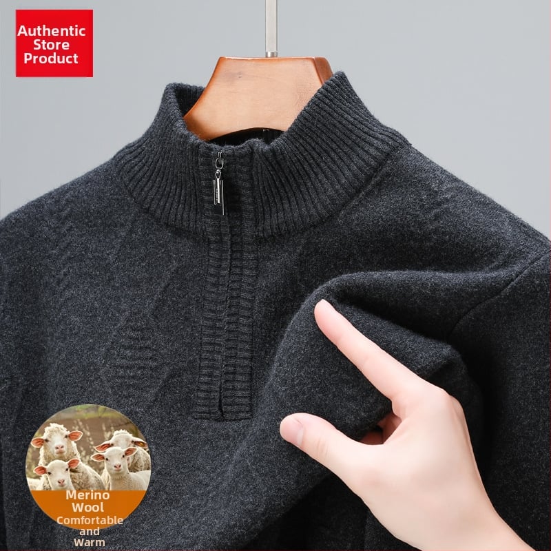 Szabadon szabott gyapjú pulóver féloldalas cipzárral, vastag jacquard kötés, középkorú férfiak számára