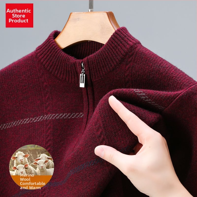 Szabadon szabott gyapjú pulóver féloldalas cipzárral, vastag jacquard kötés, középkorú férfiak számára