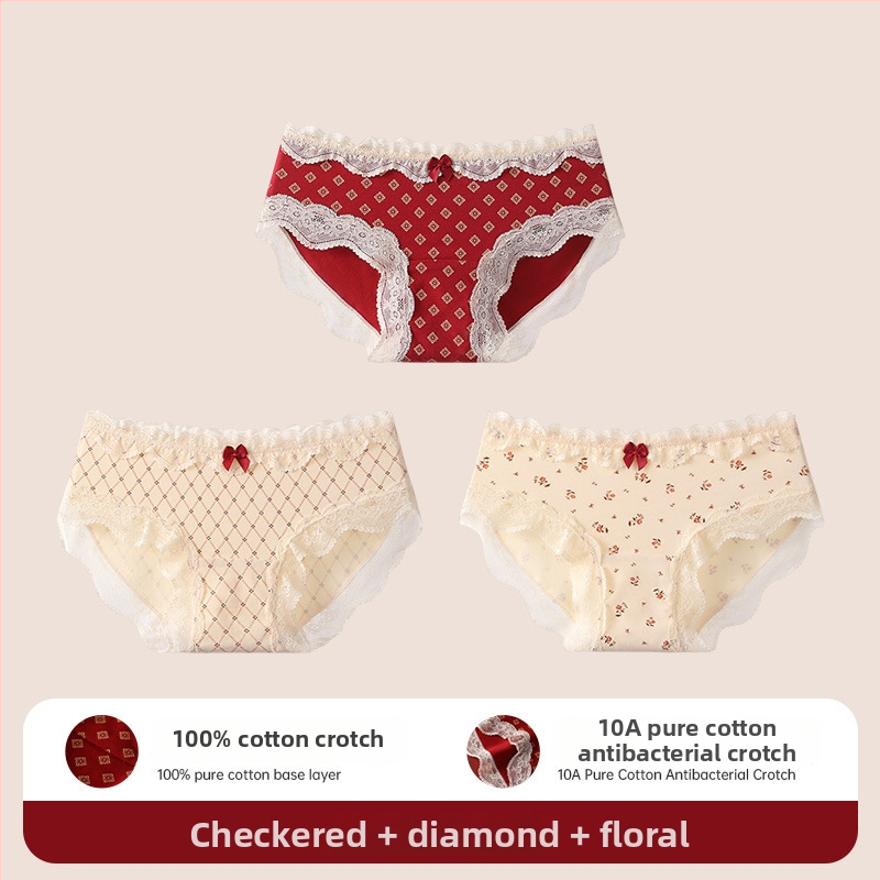 Bavlnené čipkové trojuholníkové nohavičky pre tínedžerky – antibakteriálne, 95–100% bavlna, stredná výška pásu, kvetinový vzor, rok zverokruhu kôň