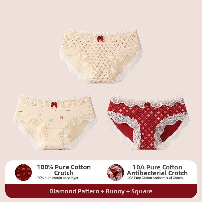 Bavlnené čipkové trojuholníkové nohavičky pre tínedžerky – antibakteriálne, 95–100% bavlna, stredná výška pásu, kvetinový vzor, rok zverokruhu kôň