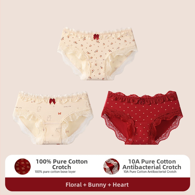 Bavlnené čipkové trojuholníkové nohavičky pre tínedžerky – antibakteriálne, 95–100% bavlna, stredná výška pásu, kvetinový vzor, rok zverokruhu kôň