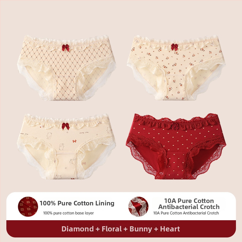 Bavlnené čipkové trojuholníkové nohavičky pre tínedžerky – antibakteriálne, 95–100% bavlna, stredná výška pásu, kvetinový vzor, rok zverokruhu kôň