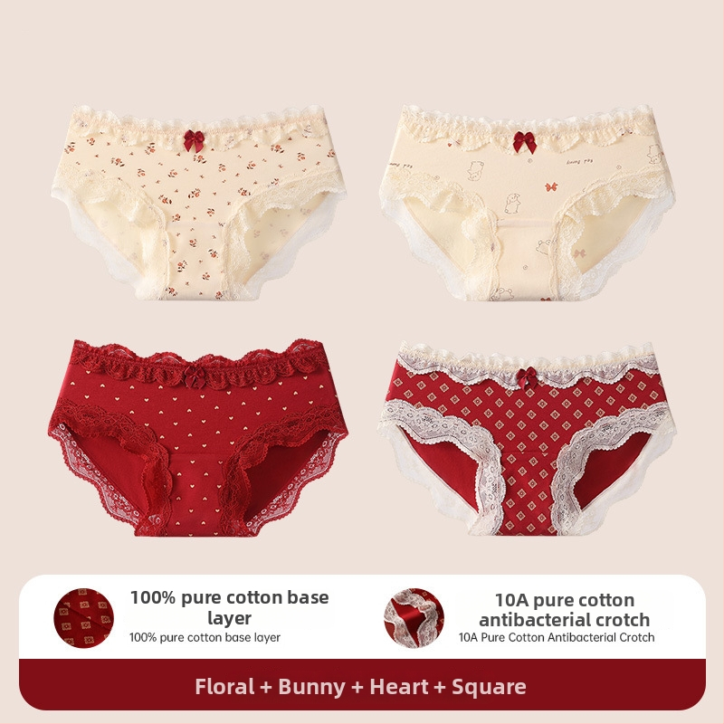 Bavlnené čipkové trojuholníkové nohavičky pre tínedžerky – antibakteriálne, 95–100% bavlna, stredná výška pásu, kvetinový vzor, rok zverokruhu kôň