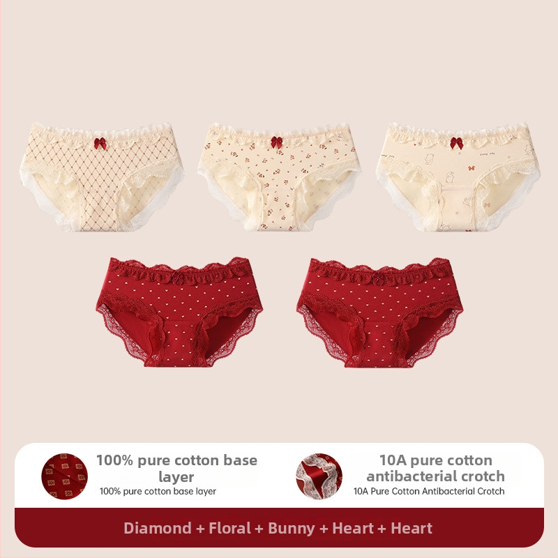 Bavlnené čipkové trojuholníkové nohavičky pre tínedžerky – antibakteriálne, 95–100% bavlna, stredná výška pásu, kvetinový vzor, rok zverokruhu kôň