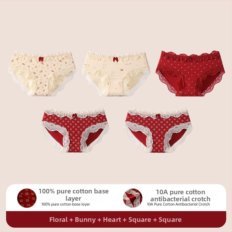 Bavlnené čipkové trojuholníkové nohavičky pre tínedžerky – antibakteriálne, 95–100% bavlna, stredná výška pásu, kvetinový vzor, rok zverokruhu kôň