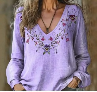 Hosszú ujjú póló V-nyakkal, 3D nyomtatott minta, bambusz-kender anyag, laza szabású