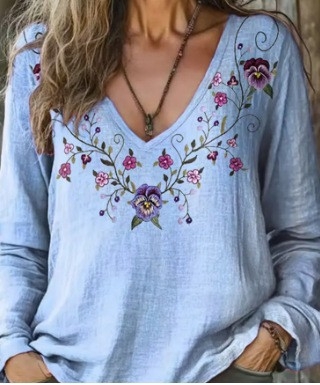 Hosszú ujjú póló V-nyakkal, 3D nyomtatott minta, bambusz-kender anyag, laza szabású