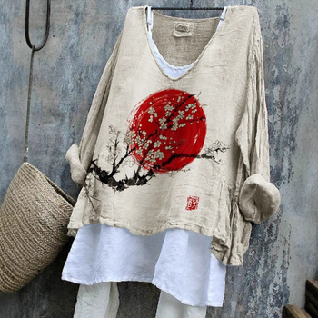 Hosszú ujjú póló V-nyakkal, 3D nyomtatott minta, bambusz-kender anyag, laza szabású