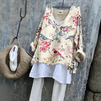 Hosszú ujjú póló V-nyakkal, 3D nyomtatott minta, bambusz-kender anyag, laza szabású