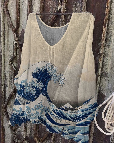 Hosszú ujjú póló V-nyakkal, 3D nyomtatott minta, bambusz-kender anyag, laza szabású