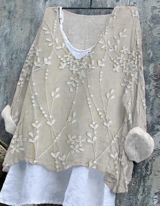 Hosszú ujjú póló V-nyakkal, 3D nyomtatott minta, bambusz-kender anyag, laza szabású