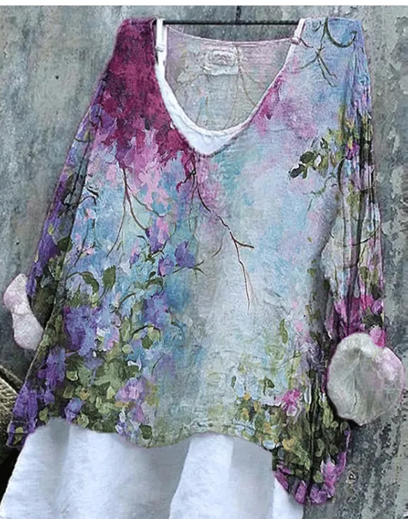 Hosszú ujjú póló V-nyakkal, 3D nyomtatott minta, bambusz-kender anyag, laza szabású