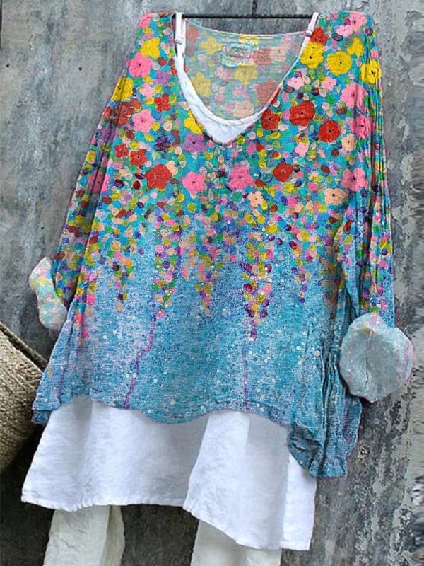 Hosszú ujjú póló V-nyakkal, 3D nyomtatott minta, bambusz-kender anyag, laza szabású