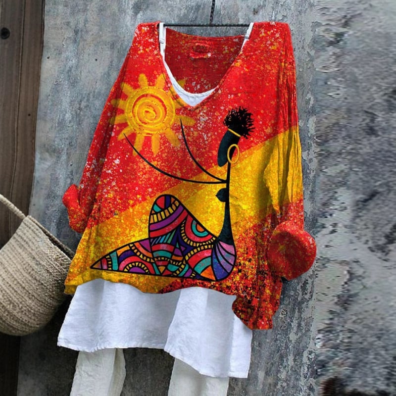 Hosszú ujjú póló V-nyakkal, 3D nyomtatott minta, bambusz-kender anyag, laza szabású