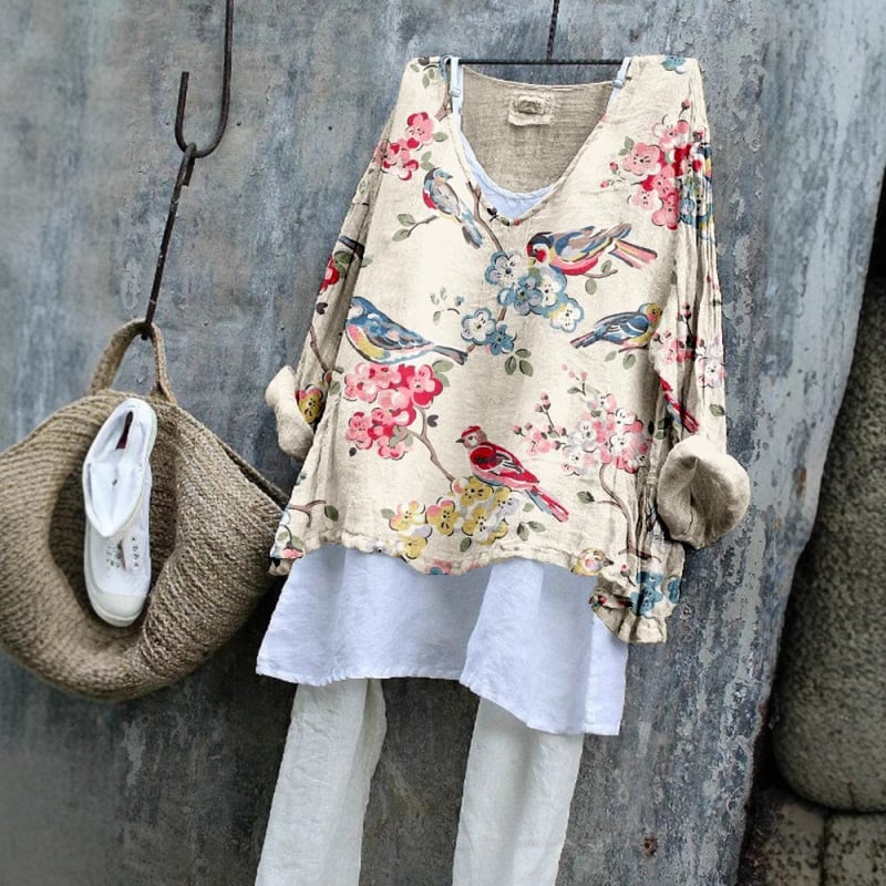 Hosszú ujjú póló V-nyakkal, 3D nyomtatott minta, bambusz-kender anyag, laza szabású