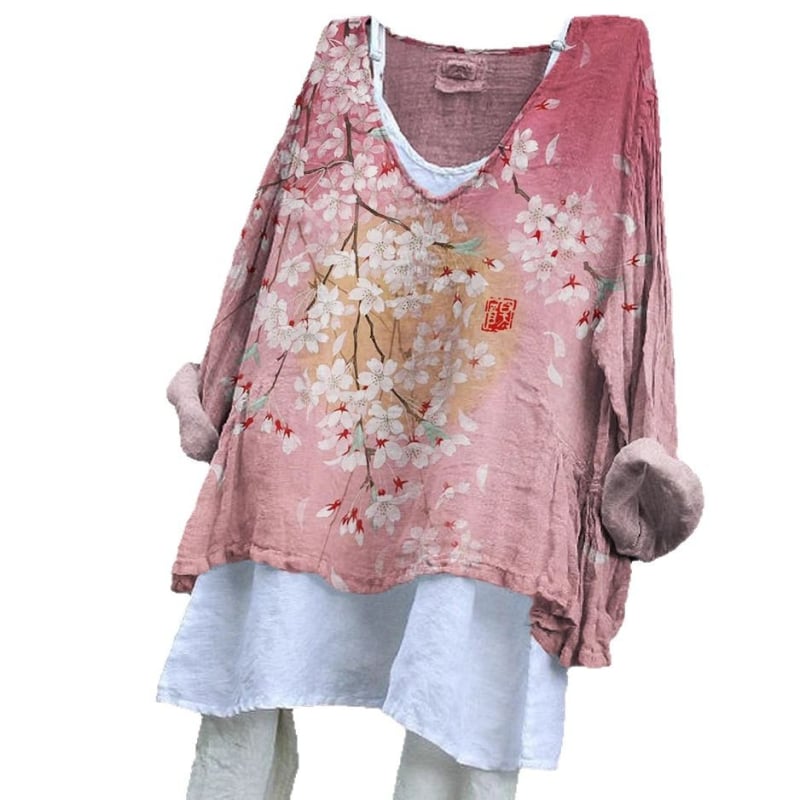 Hosszú ujjú póló V-nyakkal, 3D nyomtatott minta, bambusz-kender anyag, laza szabású