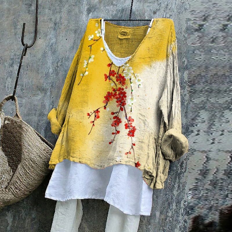 Hosszú ujjú póló V-nyakkal, 3D nyomtatott minta, bambusz-kender anyag, laza szabású