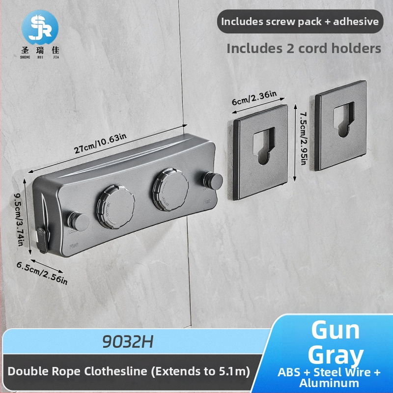 Разтегателна сушалка за дрехи без пробиване, невидима стенна за вътрешен балкон – ABS + алуминиева сплав + стоманено въже