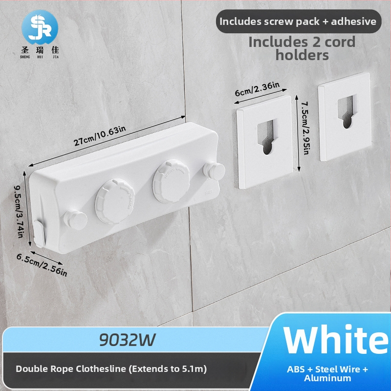Разтегателна сушалка за дрехи без пробиване, невидима стенна за вътрешен балкон – ABS + алуминиева сплав + стоманено въже