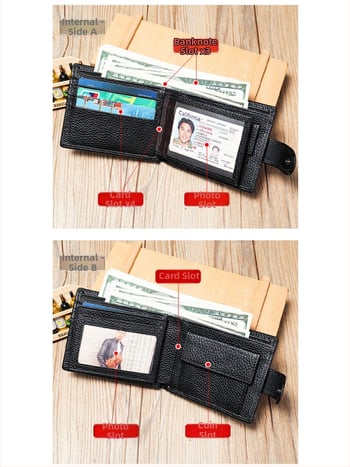 Valódi bőr férfi rövid pénztárca, két rétegből álló marhabőr, 2 hajtás, egyszínű mintázat, bélés poliészter-pamut, kopásálló és bővíthető