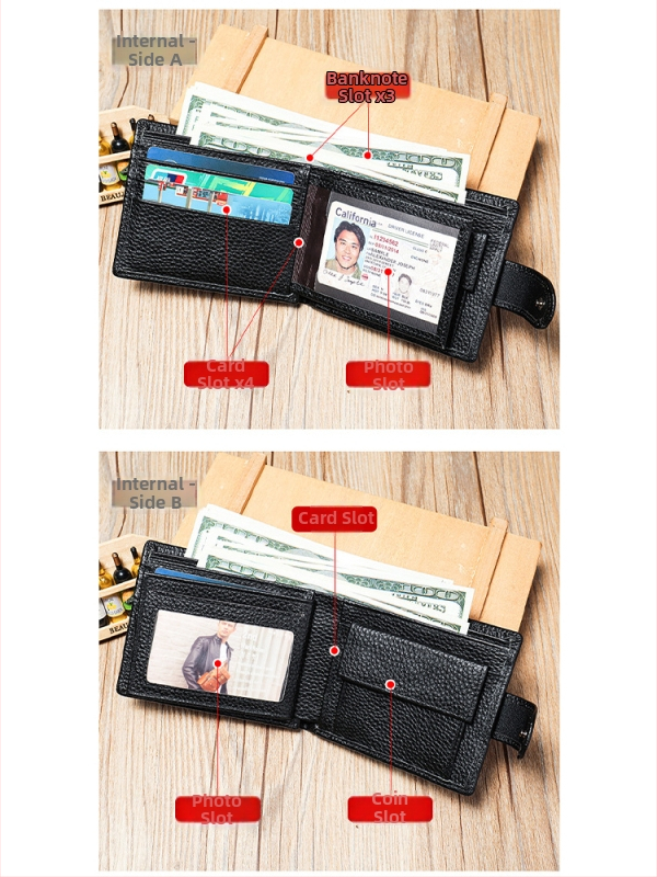 Pánska krátka kožená peňaženka s viacerými priehradkami na karty, dvojvrstvová hovädzia koža, 2 skladania, jednofarebný vzor, podšívka z polyesteru a bavlny, odolná voči opotrebeniu a rozšíriteľná