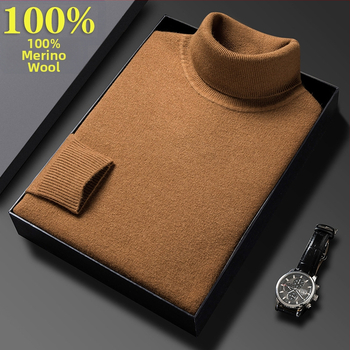 Férfi pulóver 100% tiszta gyapjúból, vastag és meleg, magas gallérral, téli üzleti casual stílus, hosszú ujjú, bordázott szegély