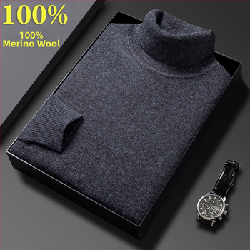 Férfi pulóver 100% tiszta gyapjúból, vastag és meleg, magas gallérral, téli üzleti casual stílus, hosszú ujjú, bordázott szegély