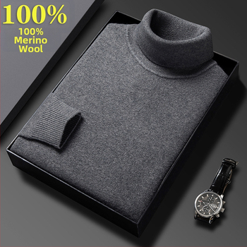 Férfi pulóver 100% tiszta gyapjúból, vastag és meleg, magas gallérral, téli üzleti casual stílus, hosszú ujjú, bordázott szegély