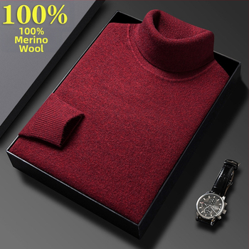 Férfi pulóver 100% tiszta gyapjúból, vastag és meleg, magas gallérral, téli üzleti casual stílus, hosszú ujjú, bordázott szegély