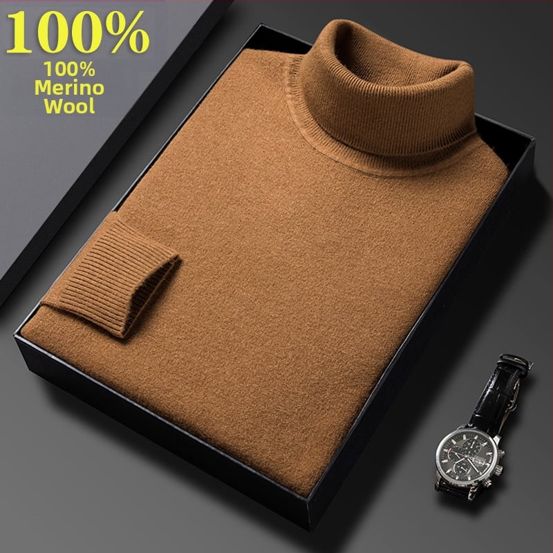 Férfi pulóver 100% tiszta gyapjúból, vastag és meleg, magas gallérral, téli üzleti casual stílus, hosszú ujjú, bordázott szegély