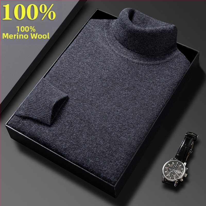 Férfi pulóver 100% tiszta gyapjúból, vastag és meleg, magas gallérral, téli üzleti casual stílus, hosszú ujjú, bordázott szegély