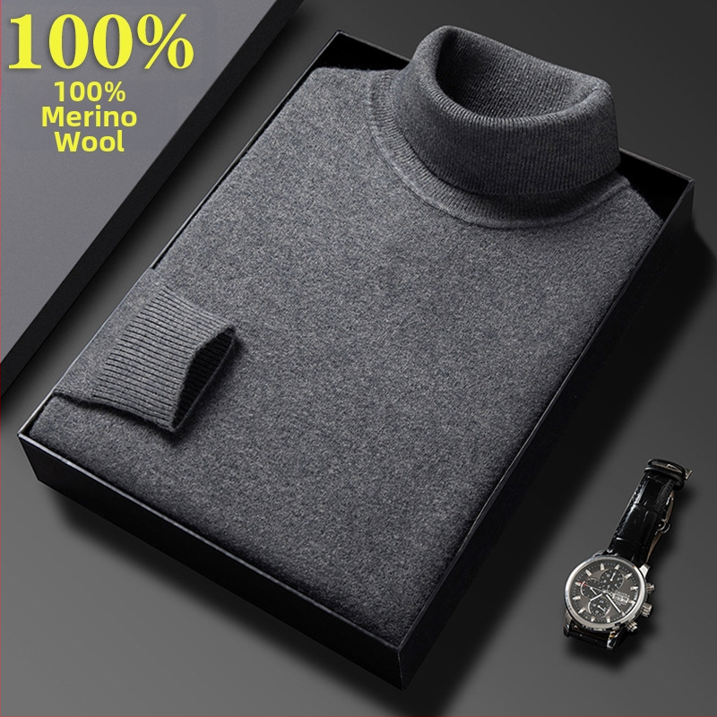 Férfi pulóver 100% tiszta gyapjúból, vastag és meleg, magas gallérral, téli üzleti casual stílus, hosszú ujjú, bordázott szegély