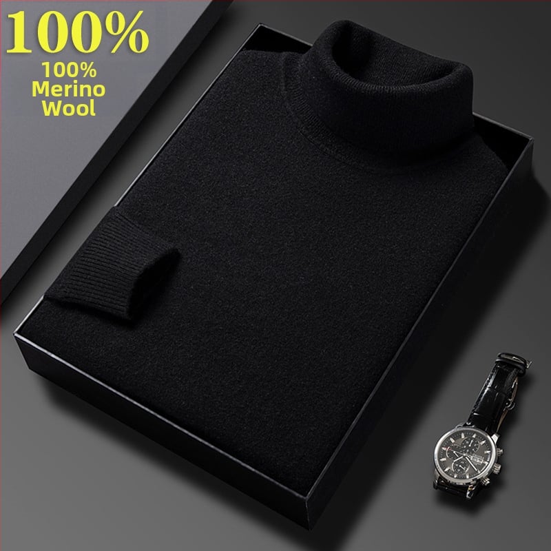 Férfi pulóver 100% tiszta gyapjúból, vastag és meleg, magas gallérral, téli üzleti casual stílus, hosszú ujjú, bordázott szegély