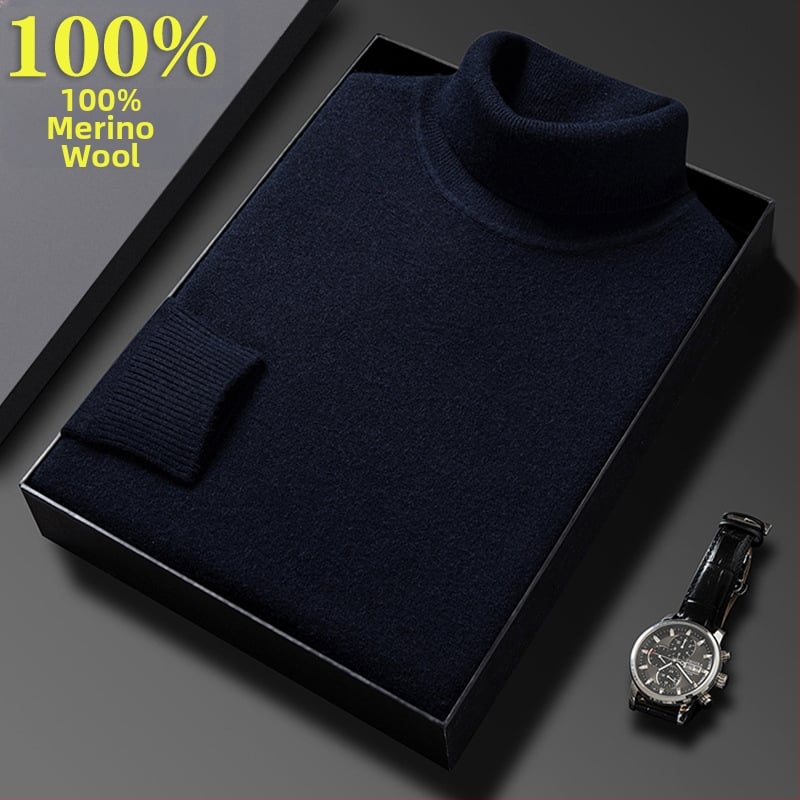 Férfi pulóver 100% tiszta gyapjúból, vastag és meleg, magas gallérral, téli üzleti casual stílus, hosszú ujjú, bordázott szegély