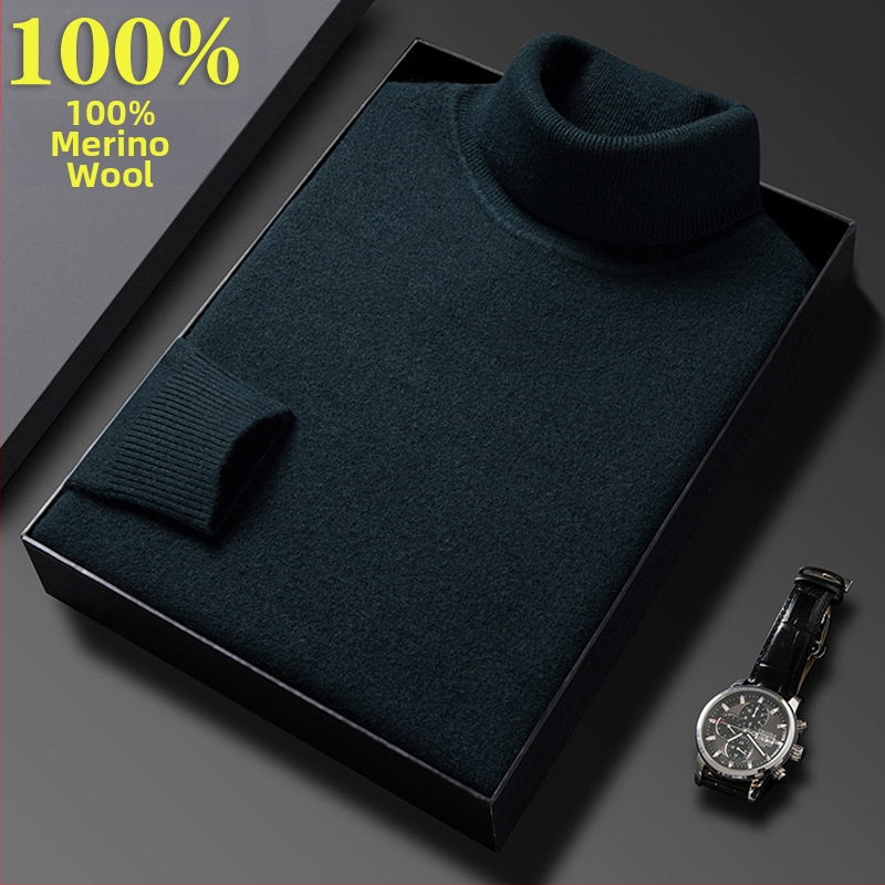 Férfi pulóver 100% tiszta gyapjúból, vastag és meleg, magas gallérral, téli üzleti casual stílus, hosszú ujjú, bordázott szegély