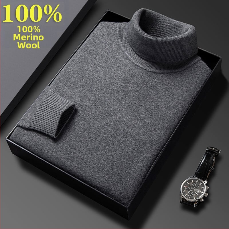 Férfi pulóver 100% tiszta gyapjúból, vastag és meleg, magas gallérral, téli üzleti casual stílus, hosszú ujjú, bordázott szegély