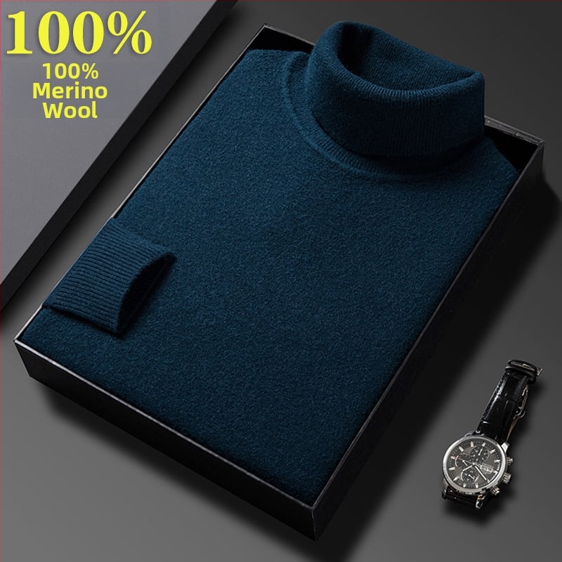 Férfi pulóver 100% tiszta gyapjúból, vastag és meleg, magas gallérral, téli üzleti casual stílus, hosszú ujjú, bordázott szegély