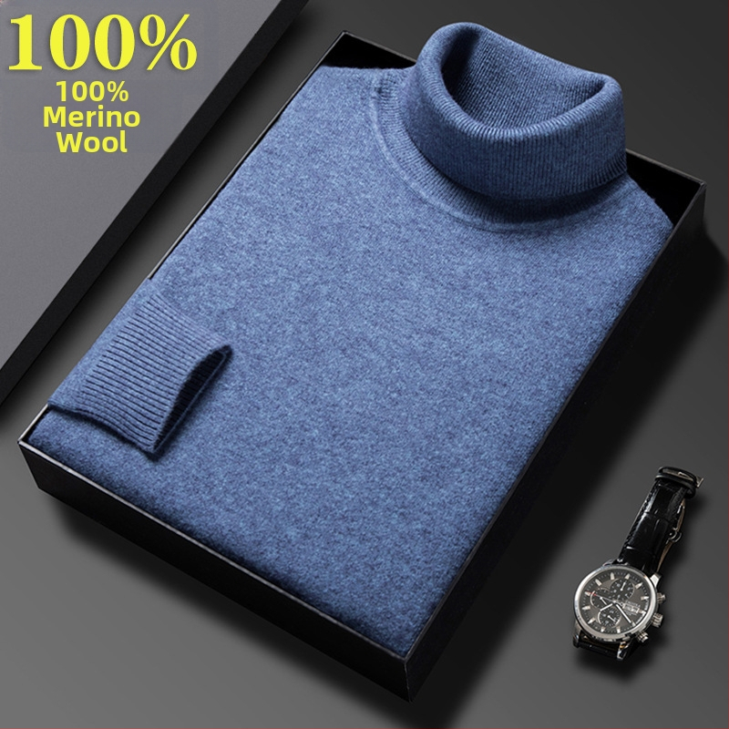 Férfi pulóver 100% tiszta gyapjúból, vastag és meleg, magas gallérral, téli üzleti casual stílus, hosszú ujjú, bordázott szegély