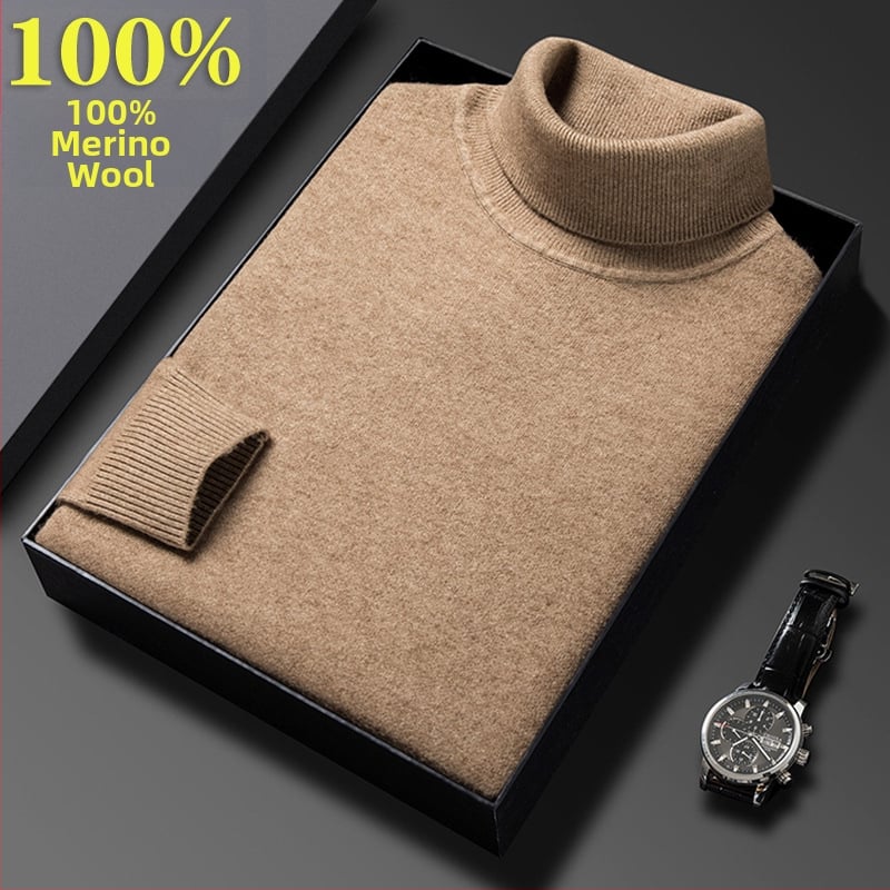 Férfi pulóver 100% tiszta gyapjúból, vastag és meleg, magas gallérral, téli üzleti casual stílus, hosszú ujjú, bordázott szegély