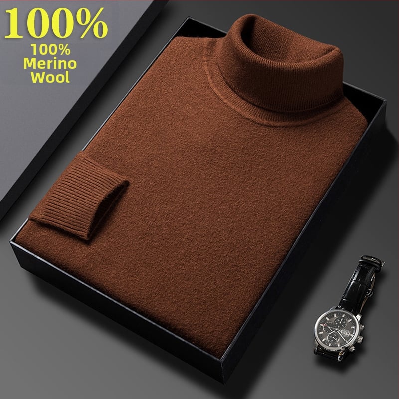 Férfi pulóver 100% tiszta gyapjúból, vastag és meleg, magas gallérral, téli üzleti casual stílus, hosszú ujjú, bordázott szegély