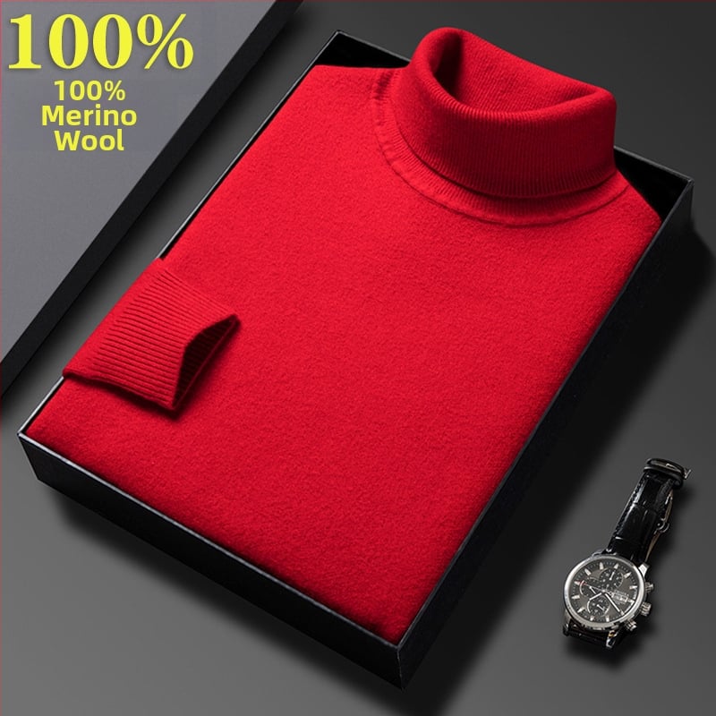 Férfi pulóver 100% tiszta gyapjúból, vastag és meleg, magas gallérral, téli üzleti casual stílus, hosszú ujjú, bordázott szegély