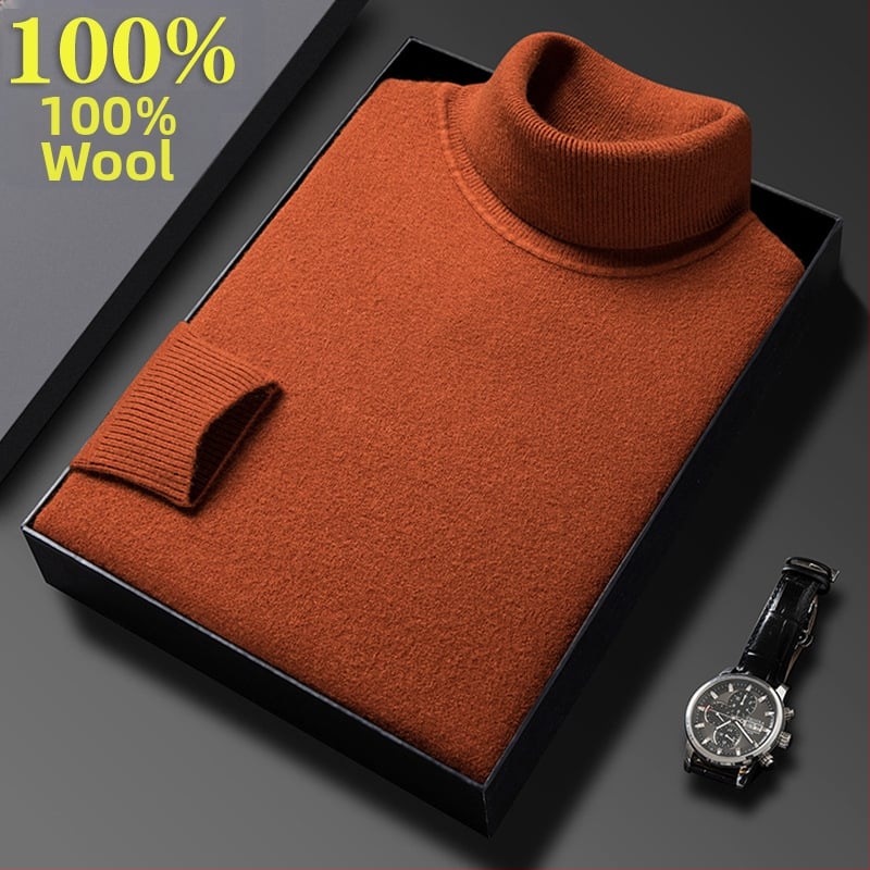 Férfi pulóver 100% tiszta gyapjúból, vastag és meleg, magas gallérral, téli üzleti casual stílus, hosszú ujjú, bordázott szegély