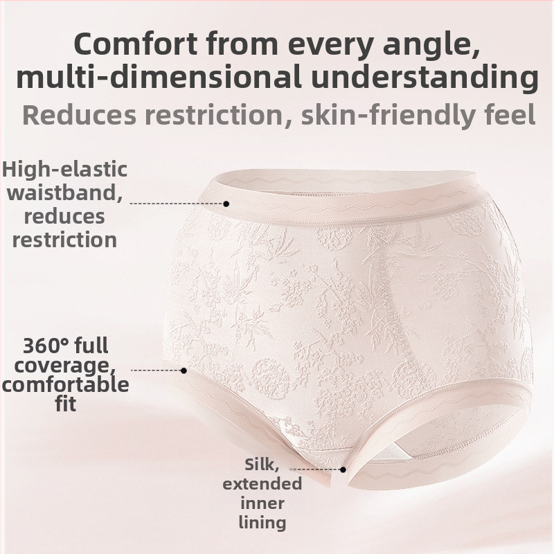 Ženské krajkové nohavičky s vysokým pásom, priedušné a antibakteriálne; hlavný materiál 80–90% nylon; podšívka 90–95% viskóza; vzor: rozbité kvety