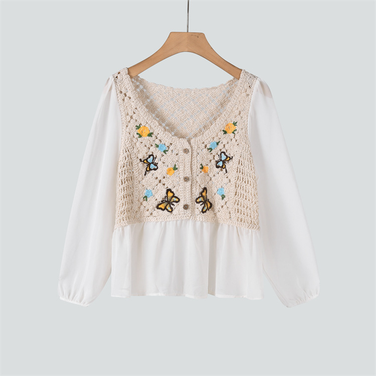 Etnoštýlové tričko s vyšitím, bavlna 80–90%, krátka dĺžka, V výstrih, lampové rukávy, pulóver