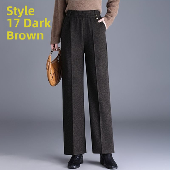 Pantaloni de damă drepți pentru toamnă-iarnă, talie înaltă, cu buzunare, țesătură țesută cu 70–80% lână, finisaj mercerizat.