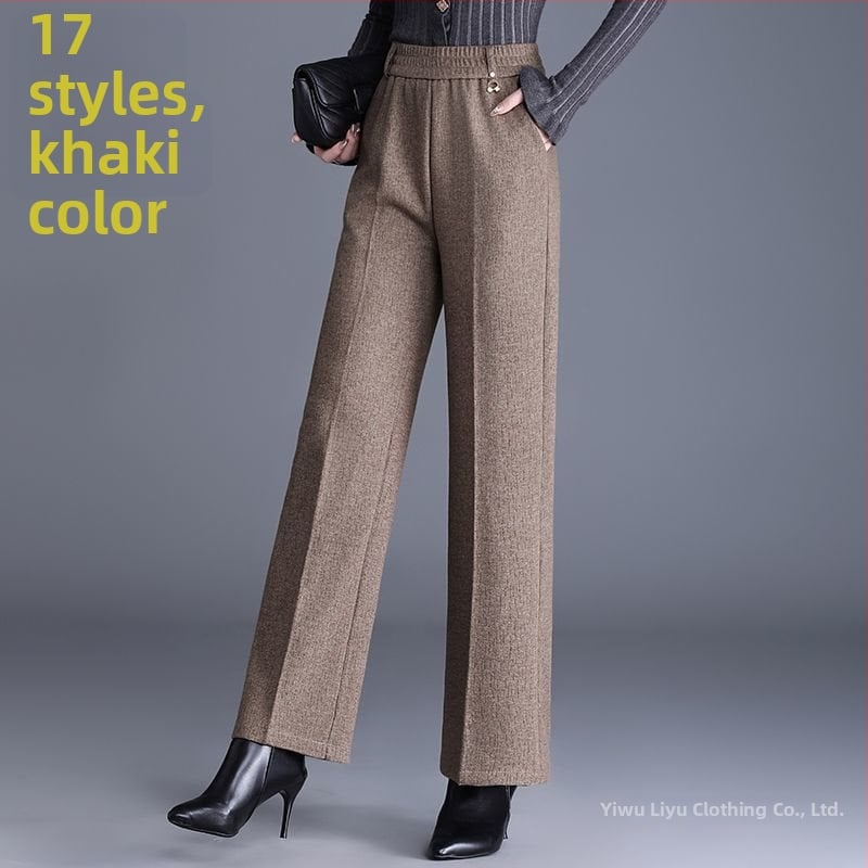 Pantaloni de damă drepți pentru toamnă-iarnă, talie înaltă, cu buzunare, țesătură țesută cu 70–80% lână, finisaj mercerizat.