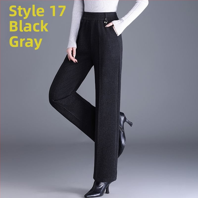 Pantaloni de damă drepți pentru toamnă-iarnă, talie înaltă, cu buzunare, țesătură țesută cu 70–80% lână, finisaj mercerizat.