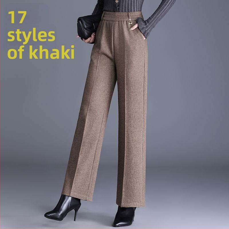 Pantaloni de damă drepți pentru toamnă-iarnă, talie înaltă, cu buzunare, țesătură țesută cu 70–80% lână, finisaj mercerizat.